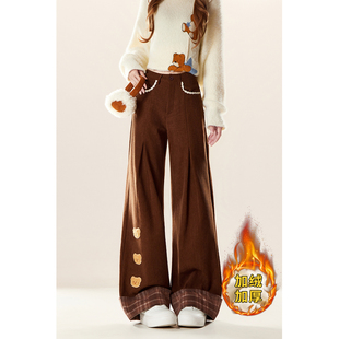 美拉德宽松阔腿裤 加绒加厚新款 子 女秋冬季 自然涩棕色灯芯绒休闲裤