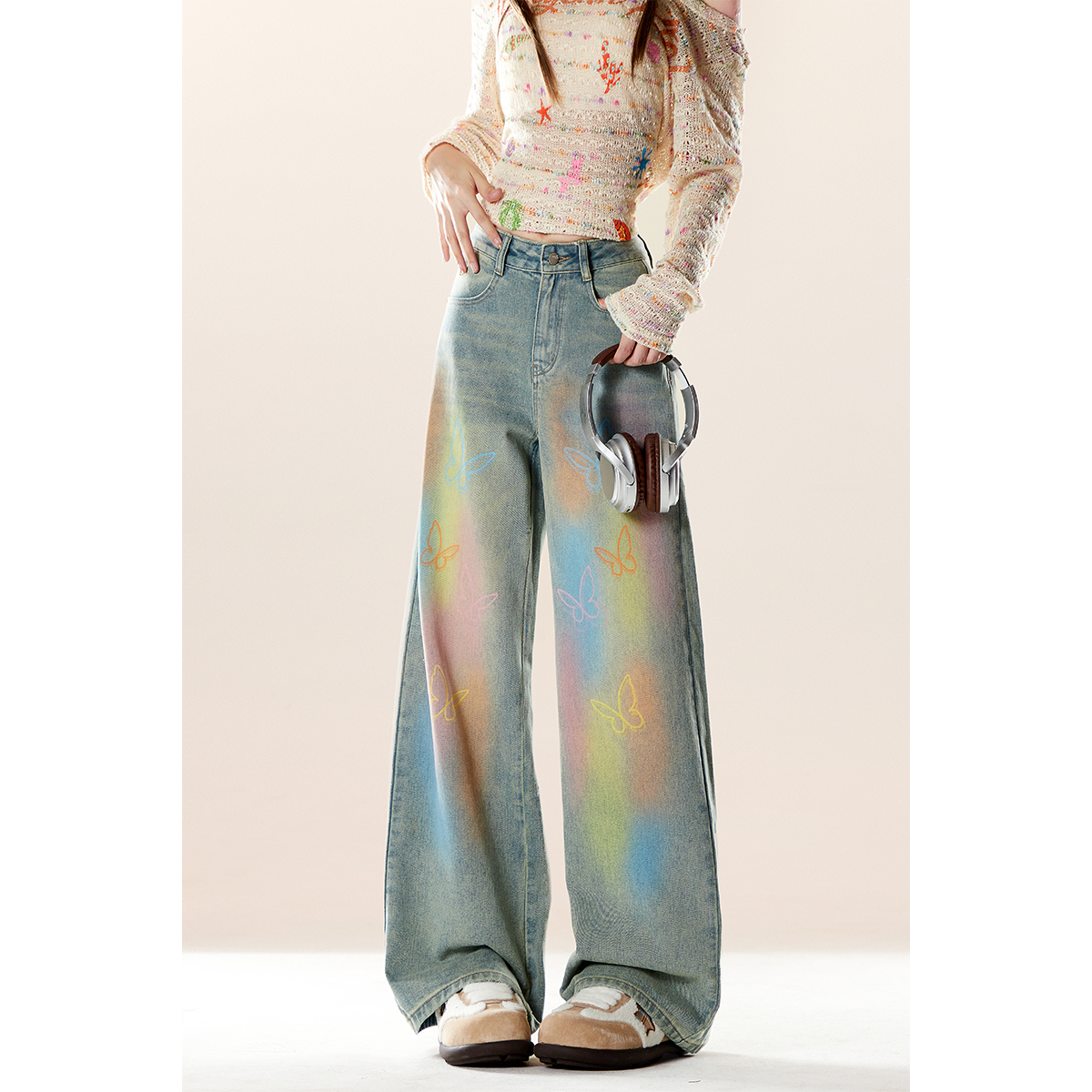 美式复古彩虹扎染牛仔裤女春秋季