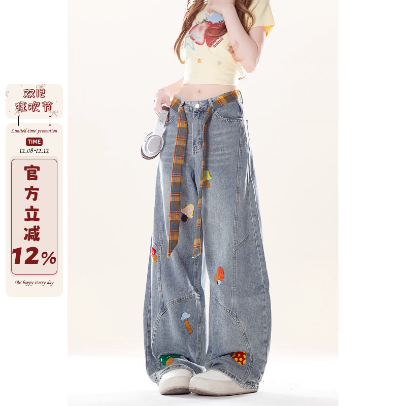 美式复古刺绣牛仔裤女春秋季