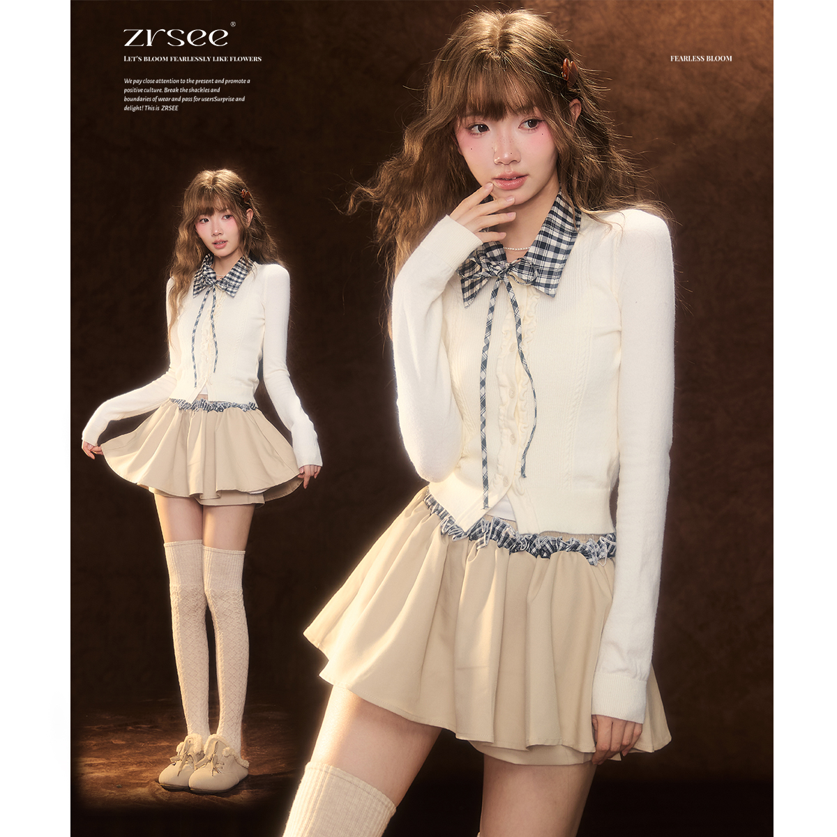 格子翻领短款内搭毛针织衫女秋冬