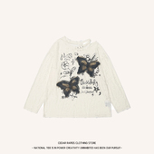 复古春秋针织长袖 自然涩蝴蝶贴布防晒罩衫 美式 新款 T恤 上衣女夏季