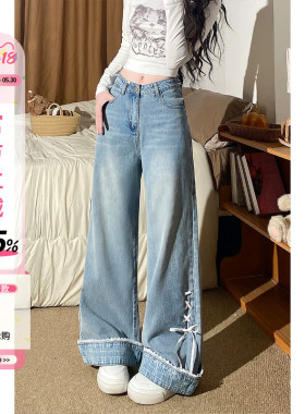 自然涩小众翻边浅蓝色牛仔裤女2026夏季新款薄款直筒阔腿裤子春秋