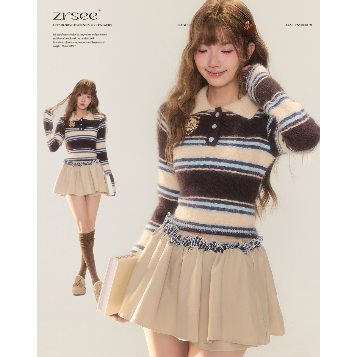 短款撞色条纹POLO领毛衣女装秋冬