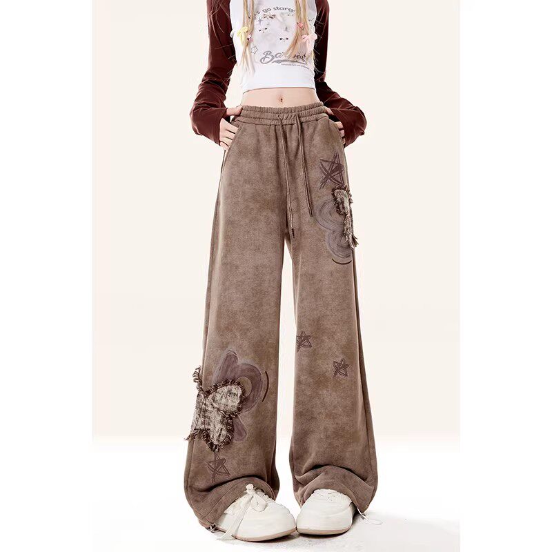 自然涩棕色运动卫裤女2026秋冬新款小个子复古休闲阔腿爵士舞裤子