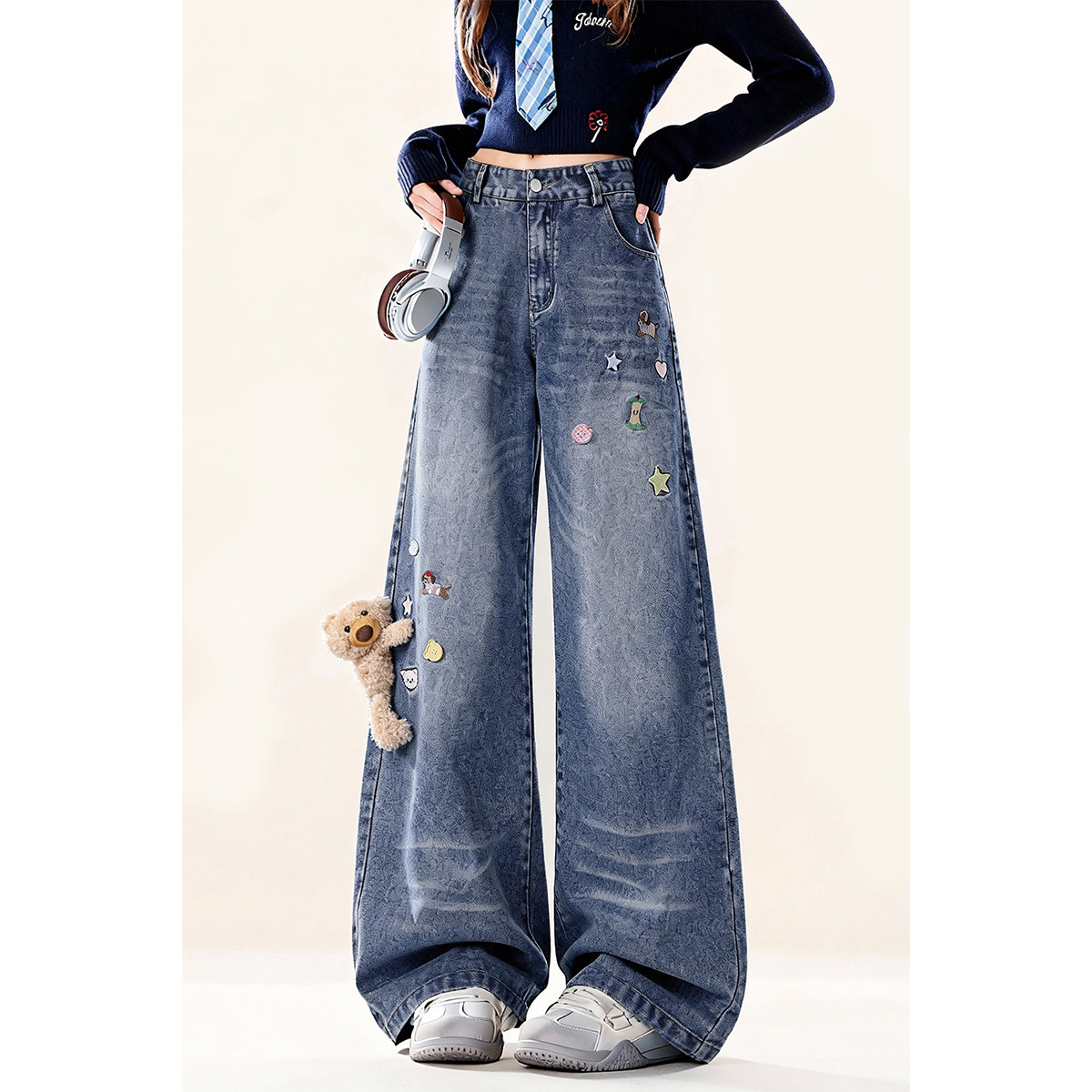 自然涩美式小熊牛仔裤女春秋新款韩系小众设计感阔腿裤子冬季加绒,女装/女士精品,牛仔裤,淘宝优惠券,粉丝福利购,淘宝优惠卷