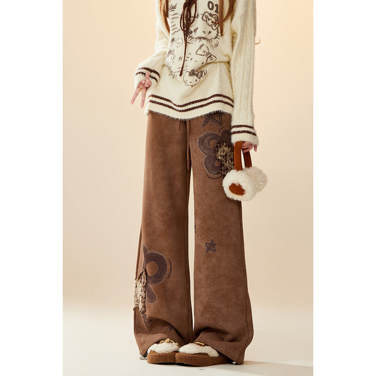 自然涩美拉德咖色运动卫裤女秋冬季新款美式复古印花贴布阔腿裤子