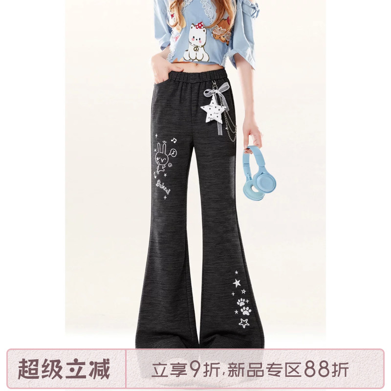 自然涩卡通印花微喇休闲卫裤女士夏季新款修身显瘦垂感薄款裤子秋