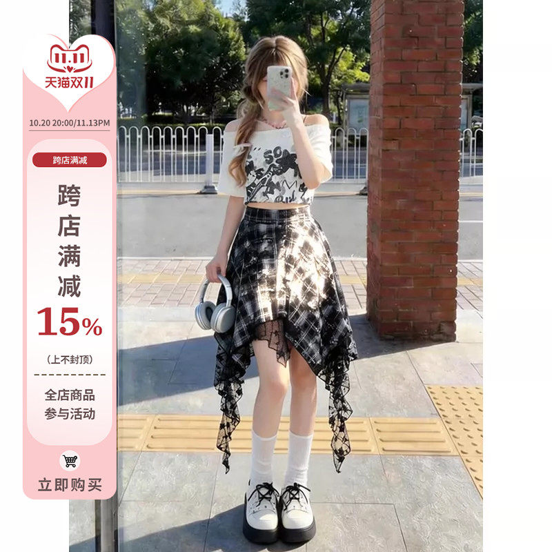 自然涩不规则黑色格子半身短裙女夏季音乐节亚文化穿搭爵士舞裙子