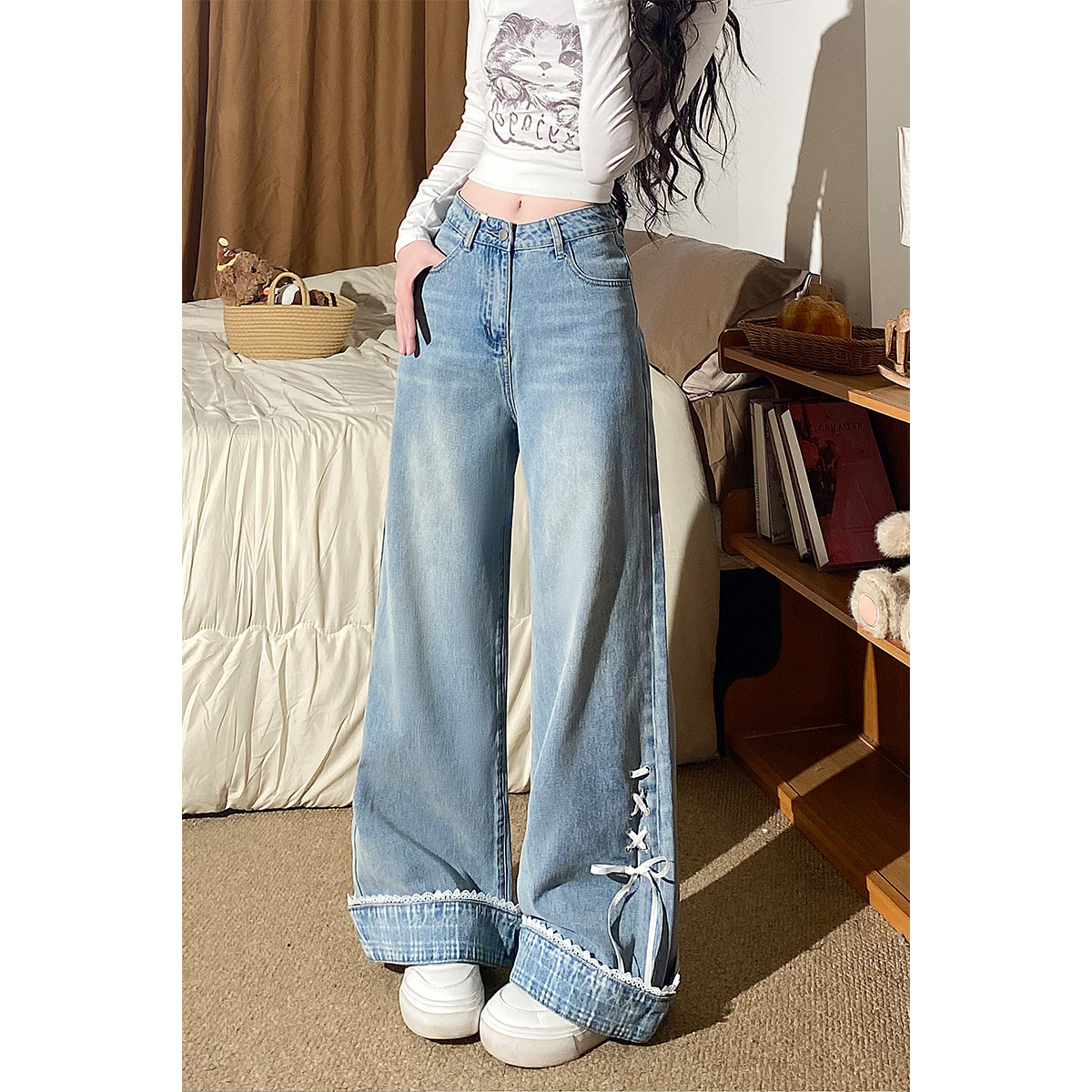 自然涩蝴蝶结绑带小众翻边牛仔裤女2026早春新款直筒阔腿裤子冬季,女装/女士精品,牛仔裤,淘宝优惠券,粉丝福利购,淘宝优惠卷
