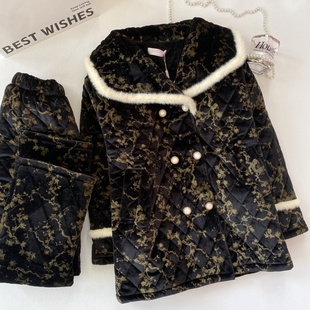 夏邑公主复古豹纹三层夹棉睡衣女冬加厚保暖毛绒领家居服套可外穿