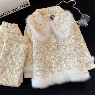 夏邑公主新款睡衣女三层夹棉冬季加厚娃娃领开衫家居服套装可外穿