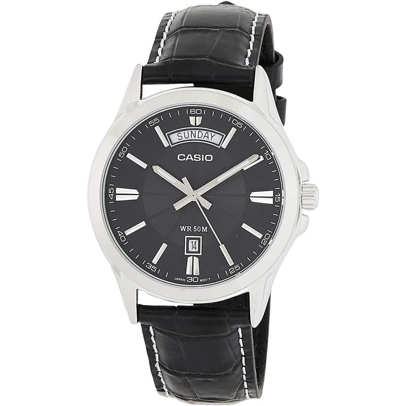 卡西欧男士腕表日历夜光计时日期皮带黑色金属防水商务休闲手表