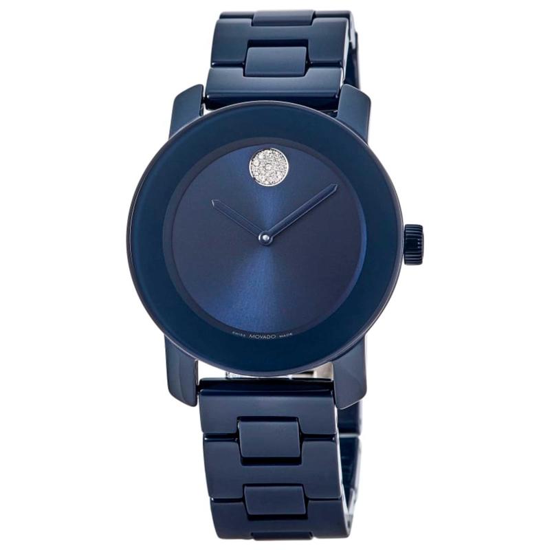 代购Movado摩凡陀女士腕表夜光日期计时防刮陶瓷钢带蓝色防水商务