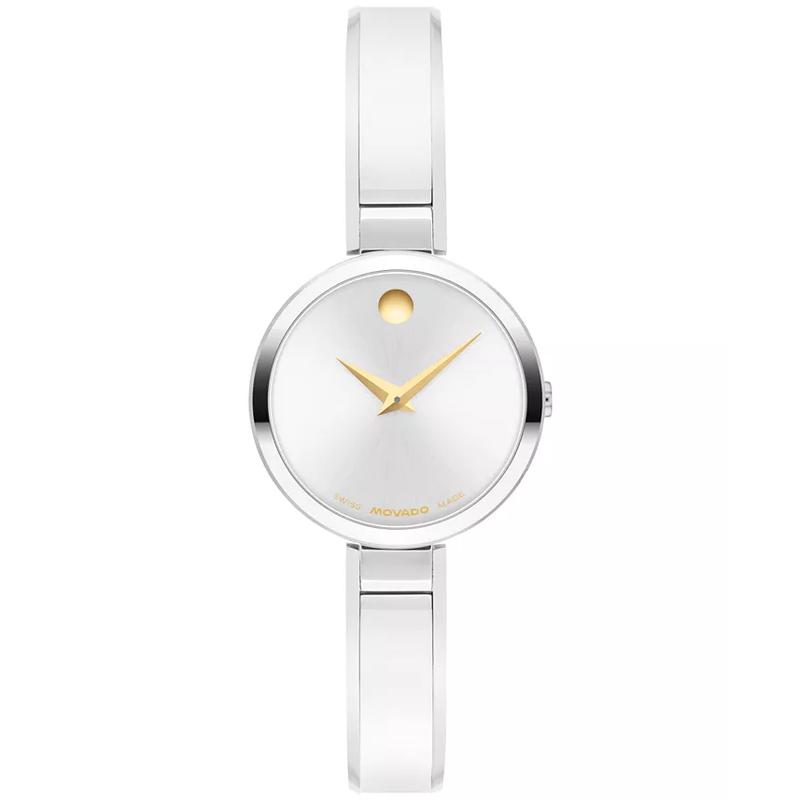 Movado/摩凡陀女士纤细珠宝感石英腕表mm银白太阳纹盘黄金抛光手