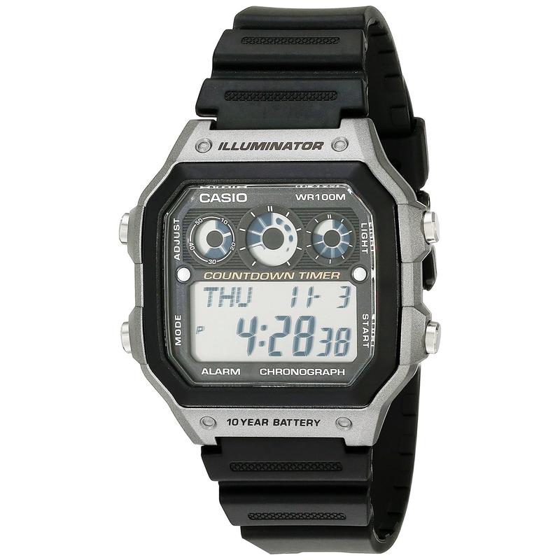 卡西欧男士腕表计时闹钟夜光世界时树脂防水黑色方形运动休闲