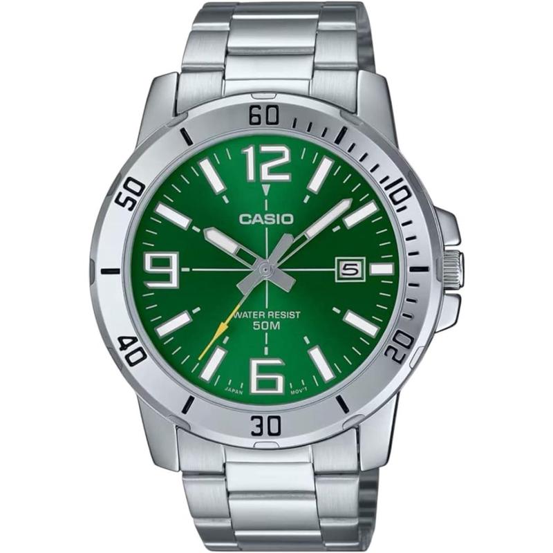 卡西欧男士腕表日期夜光计时50米防水金属钢带防水绿色休闲运动
