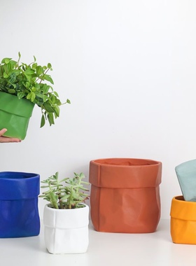 ins风牛皮纸袋花盆创意家用绿萝多肉仙人掌兰花花盆陶瓷特价清仓