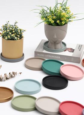 陶瓷圆形花盆接水盘 北欧装饰莫兰迪色素烧底座接水积水花托