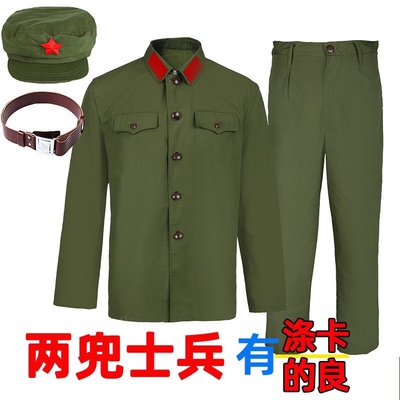 65式军绿套装上衣裤子战士老式的确良两兜士兵服装聚会涤卡两口袋