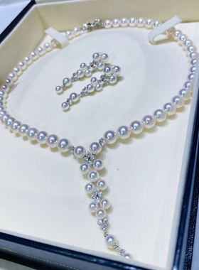 日本M牌akoya套装7-7.5mm天女钻石流苏晚装链宴会豪货miki