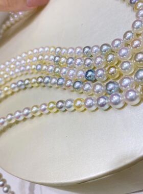 真科研越物皇后混彩糖果色akoya项链6-7MM天然色珠层0.7mm