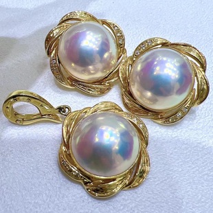 粉泡泡白马贝珍珠套装耳夹14-15mm白粉色 炫彩光泽钻石18k金拉丝