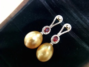 宫廷复古水滴椭圆浓金茶金南洋金珠珍珠耳钉18k钻石红宝石流线