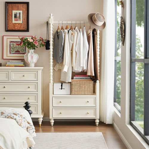 实木奶油风床头柜衣帽架挂衣架