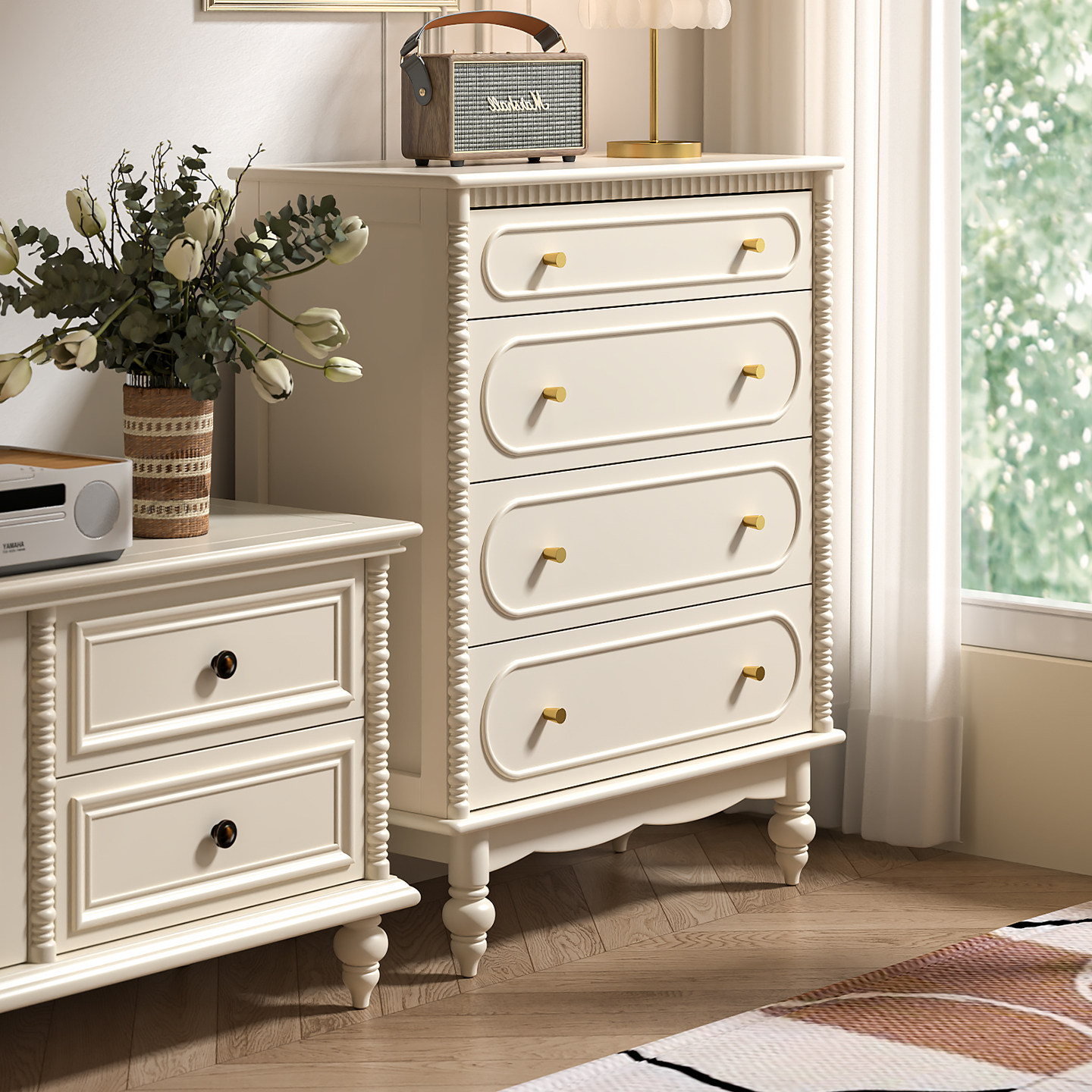 【新品】法式实木斗柜抽屉收纳储物中古风卧室美式床尾柜床边柜子