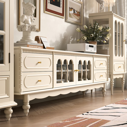 奶油风实木落地电视柜组合