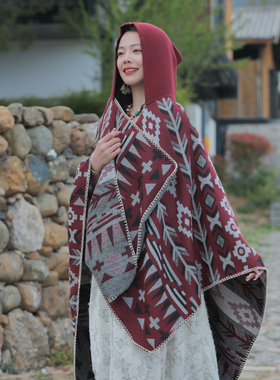 带帽披肩女2025新款外搭民族风旅游穿搭青海草原沙漠斗篷披风外套