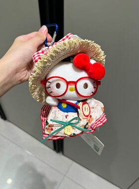 无印MUJ正版三丽鸥出游戴蝴蝶结草帽Kitty猫包挂件钥匙扣毛绒玩偶