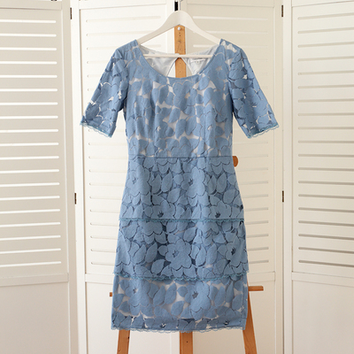 夏季Wai贸Yuan单精品蕾丝修身圆领优雅名媛连衣裙礼服裙短裙淑女