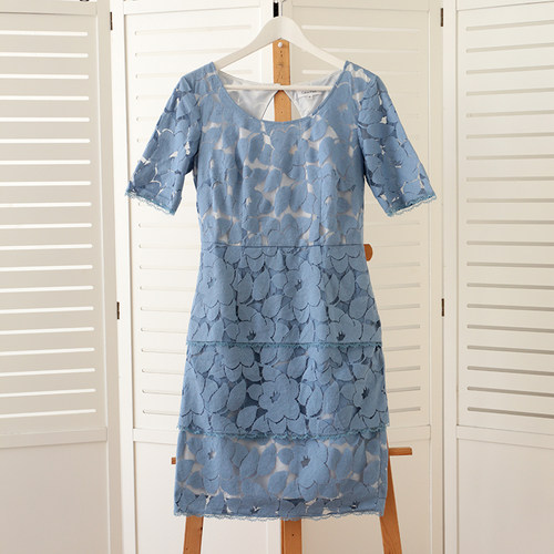 夏季Wai贸Yuan单精品蕾丝修身圆领优雅名媛连衣裙礼服裙短裙淑女