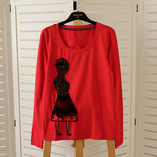 女 T恤打底衫 古着vintage微瑕小脏特价 清库存春秋圆领钉珠蕾丝长袖