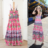 夏季 舒适人棉印花粉红色性感V领露肩吊带长连衣裙海南三亚沙滩裙