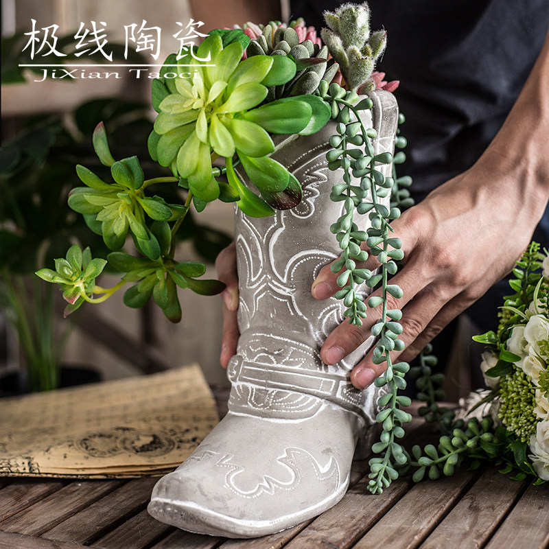 欧式创意雨鞋花桶雨靴桌面客厅落地水泥花盆复古花园装饰摆件