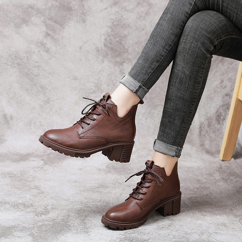 秋冬头层牛皮女士短靴单靴复古系带粗跟踝靴真皮时尚高帮中跟单鞋