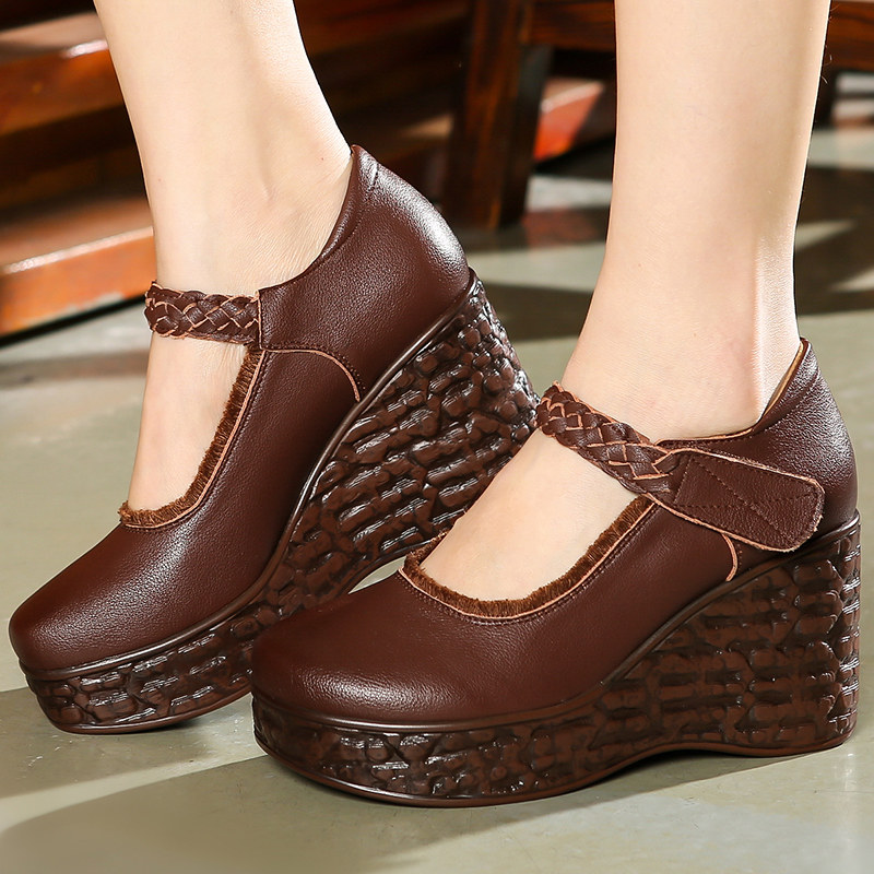 春秋新款真皮厚底坡跟单鞋女士8cm高跟休闲皮鞋小码34圆头妈妈鞋