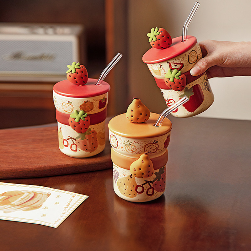 摩登主妇带盖陶瓷马克杯家用吸管水杯咖啡杯子本命年马年新年礼物