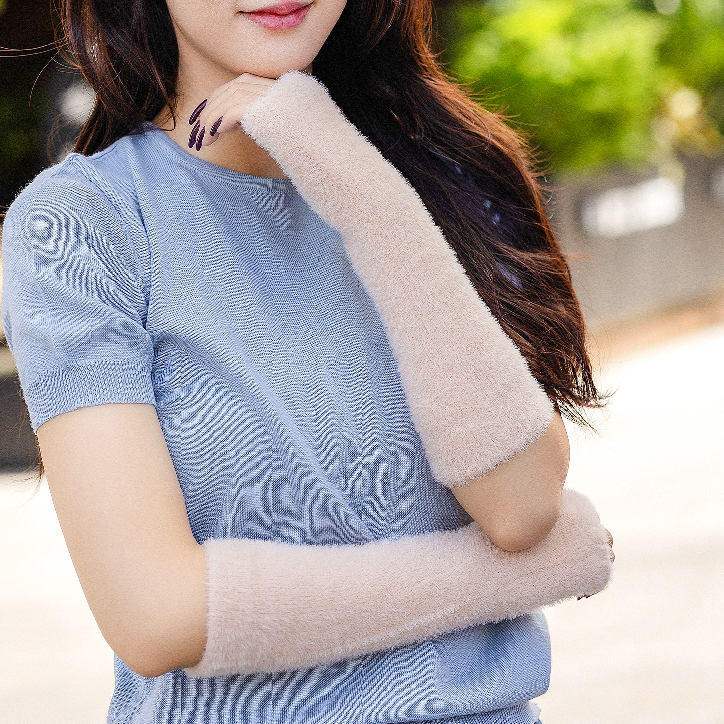 秋冬针织毛线长款半指手套