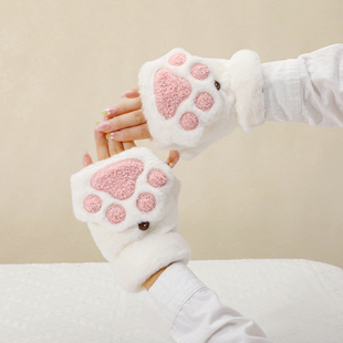 可爱小熊手套女生冬季翻盖露指学生骑行加厚保暖防寒熊掌毛绒手套