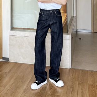 LUCHONG 深蓝赤耳牛仔裤直筒微喇阔腿A字裤 春秋高级宽松牛仔裤
