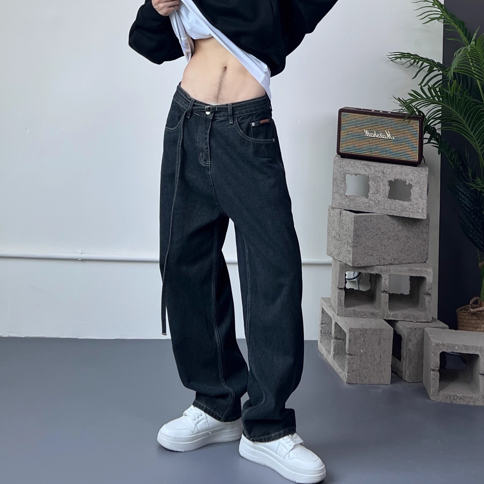 LUCHONG鹿翀春秋季复古水洗微弯刀牛仔裤宽松简约重磅系带牛仔裤