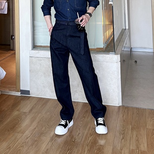LUCHONG 14盎司高级感蓝黑牛仔裤 美式廓形直筒水洗牛仔裤休闲裤