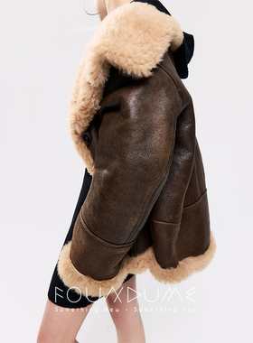 Foundume 秋冬新款驼色摩卡棕羊毛大翻领皮毛一体外套