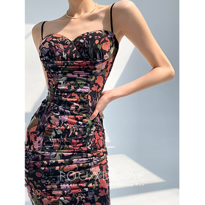 包身裙印象派印花抽皱