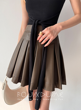Foundume 25夏季新款高腰PU皮复古咖色百褶短款半身裙女