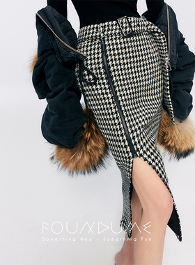 Foundume 黑白色织千鸟格Jin口羊毛呢料侧拉链开叉包臀半裙+腰带