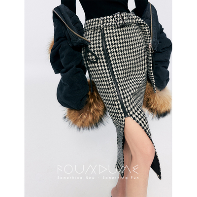 Foundume 黑白色织千鸟格Jin口羊毛呢料侧拉链开叉包臀半裙+腰带